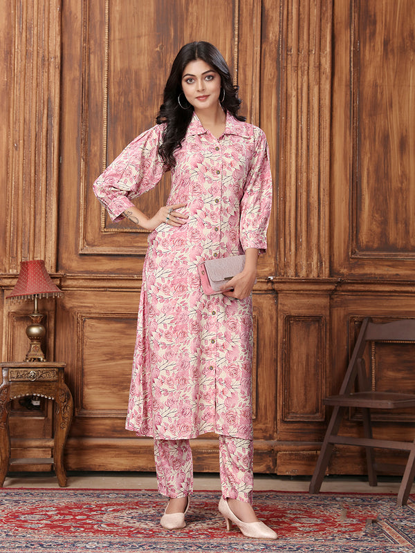 Monjolika Fashion Light Pink Premium Rayon Floral Printed Long Kurta And Pant Set