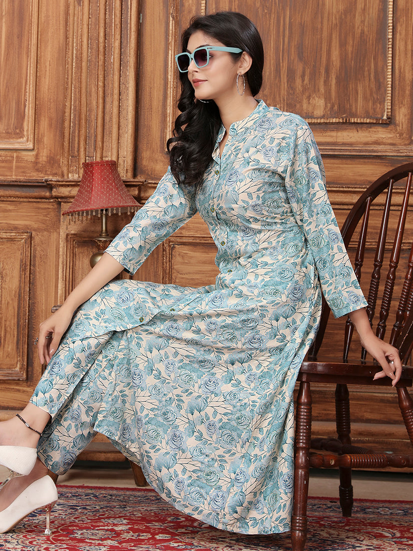 Monjolika Fashion Light Blue Premium Rayon Floral Printed Long Kurta And Pant Set
