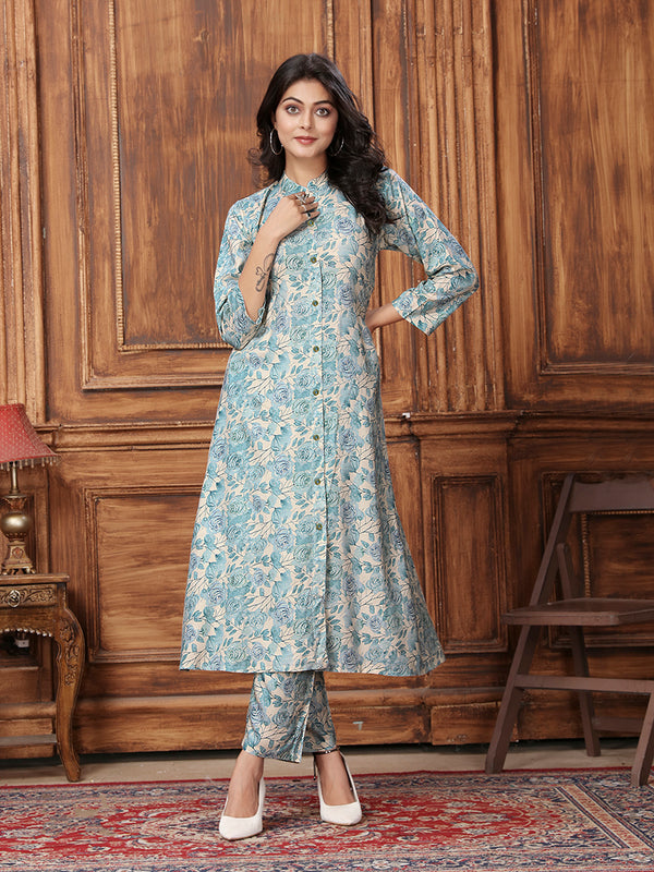 Monjolika Fashion Light Blue Premium Rayon Floral Printed Long Kurta And Pant Set