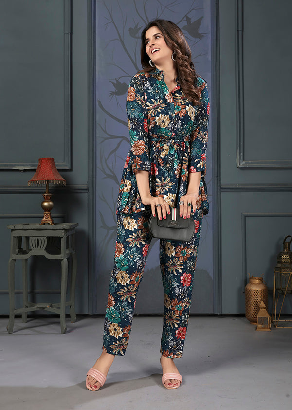 Monjolika Fashion Dark Teal Rayon Printed Casual Wear Co Ord Set