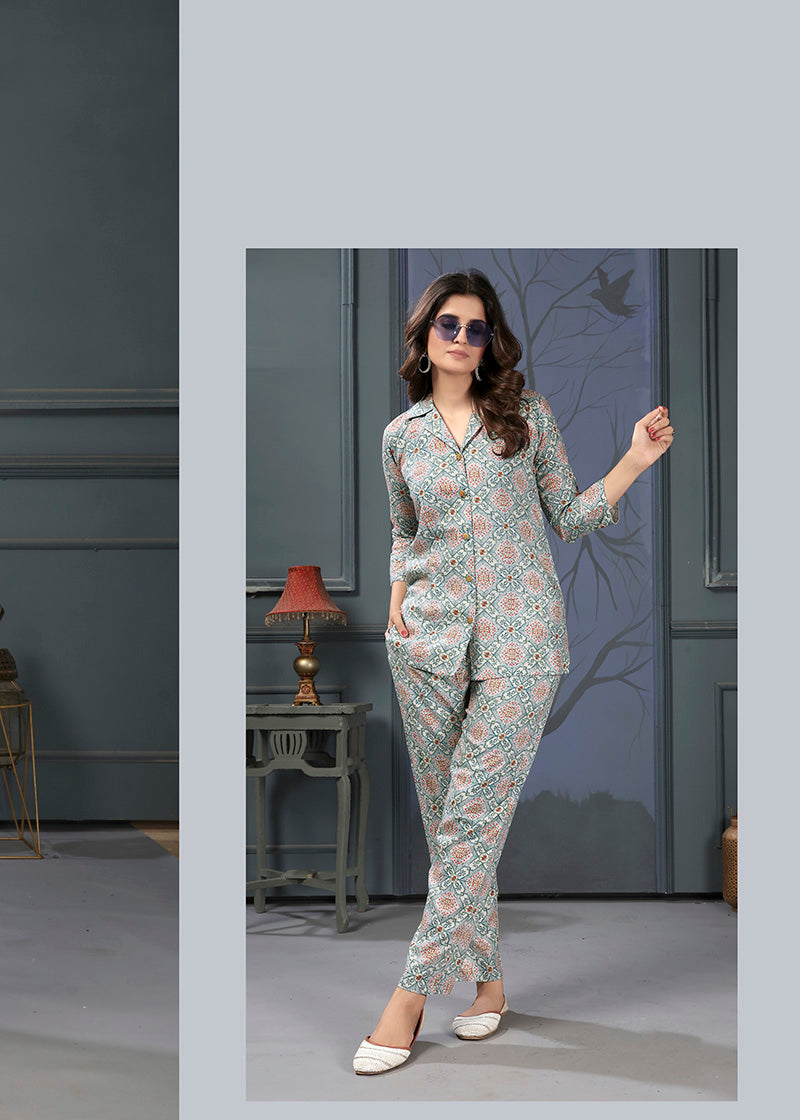 Monjolika Fashion Light Grey Rayon Printed Casual Wear Co Ord Set