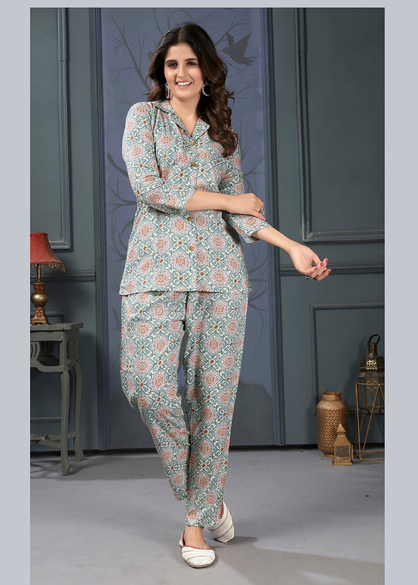 Monjolika Fashion Light Grey Rayon Printed Casual Wear Co Ord Set