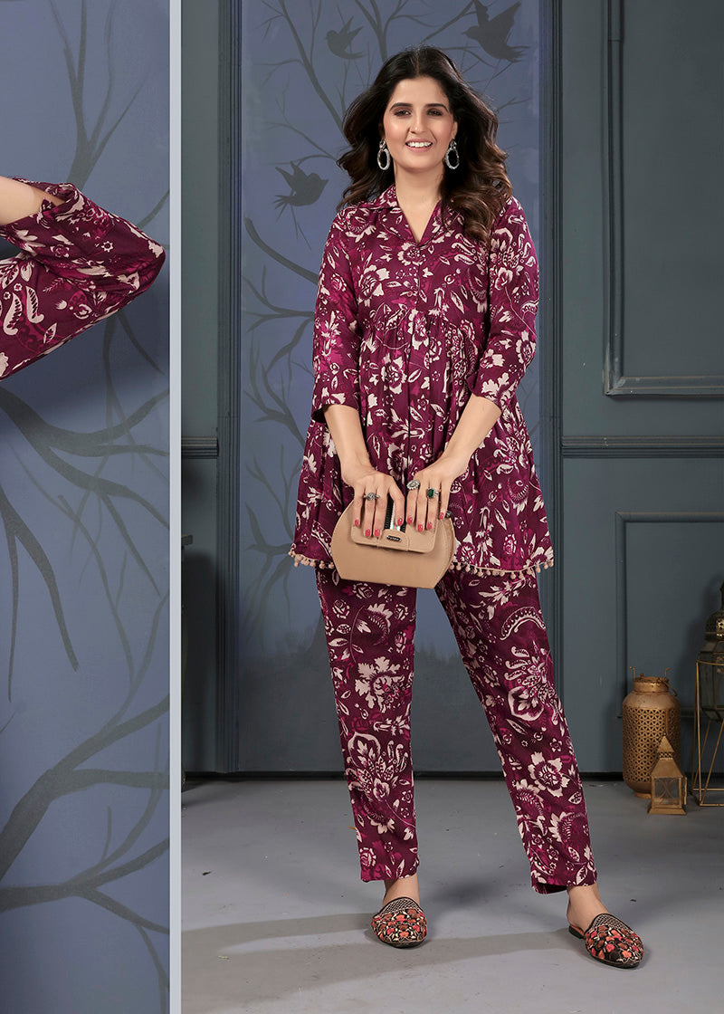 Monjolika Fashion Wine Rayon Printed Casual Wear Co Ord Set