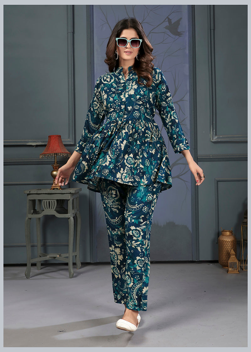 Monjolika Fashion Teal Blue Rayon Printed Casual Wear Co Ord Set