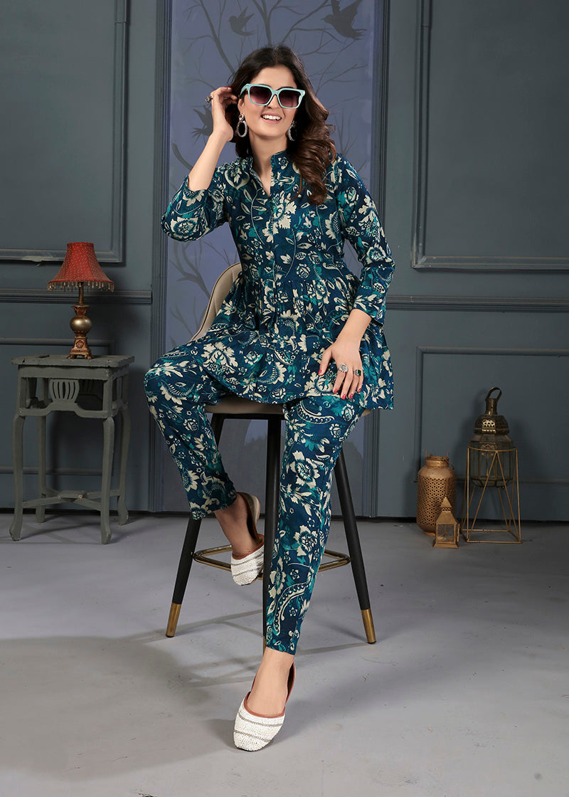 Monjolika Fashion Teal Blue Rayon Printed Casual Wear Co Ord Set