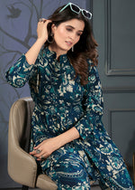 Thumbnail for Monjolika Fashion Teal Blue Rayon Printed Casual Wear Co Ord Set