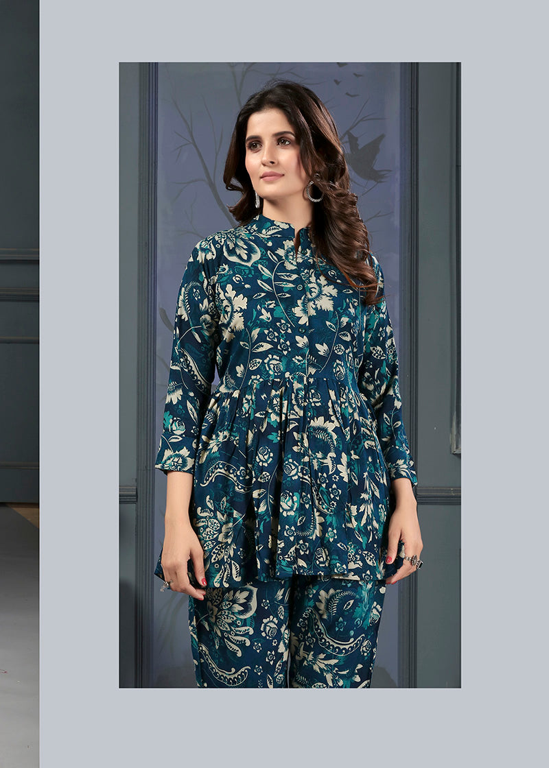 Monjolika Fashion Teal Blue Rayon Printed Casual Wear Co Ord Set