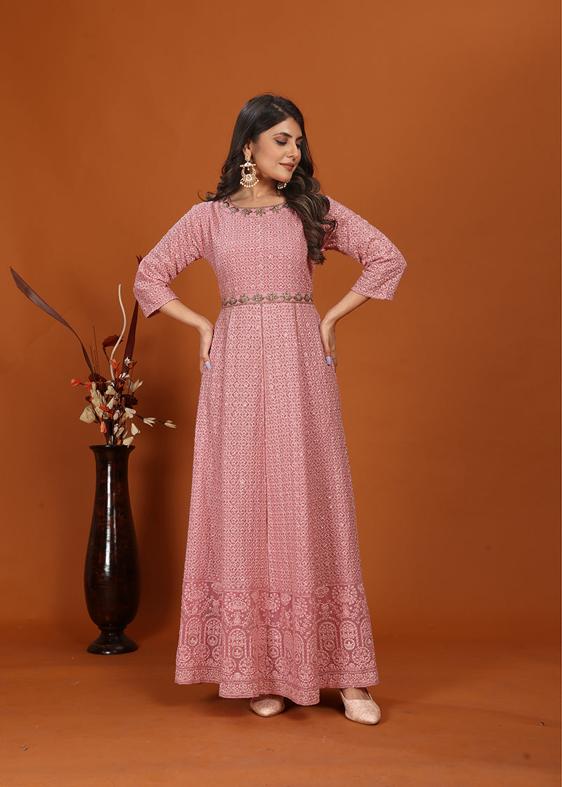 Monjolika Fashion Faux Georgette Embroidered Readymade Gown In Pink