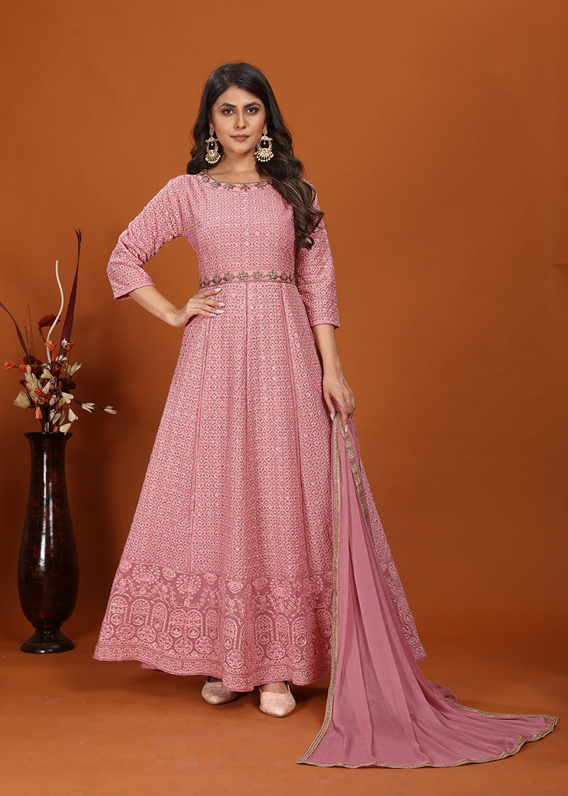 Monjolika Fashion Faux Georgette Embroidered Readymade Gown In Pink