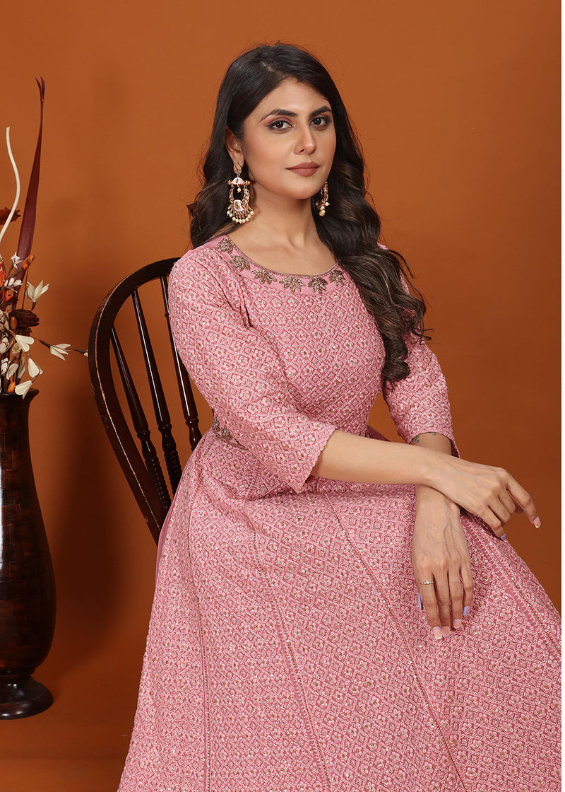 Monjolika Fashion Faux Georgette Embroidered Readymade Gown In Pink