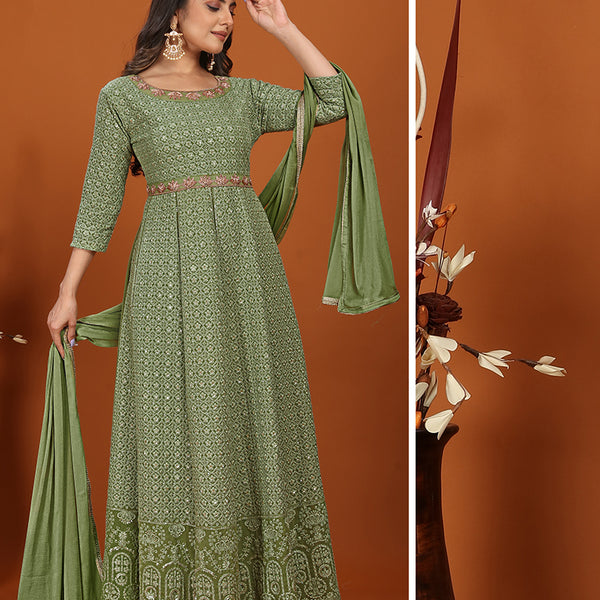 Monjolika Fashion Faux Georgette Embroidered Readymade Gown In Green - Distacart
