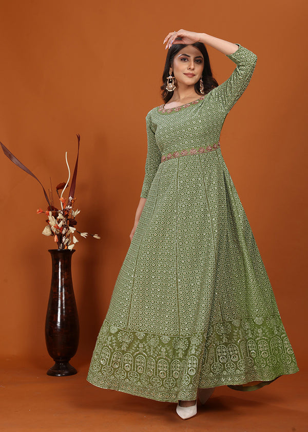 Monjolika Fashion Faux Georgette Embroidered Readymade Gown In Green