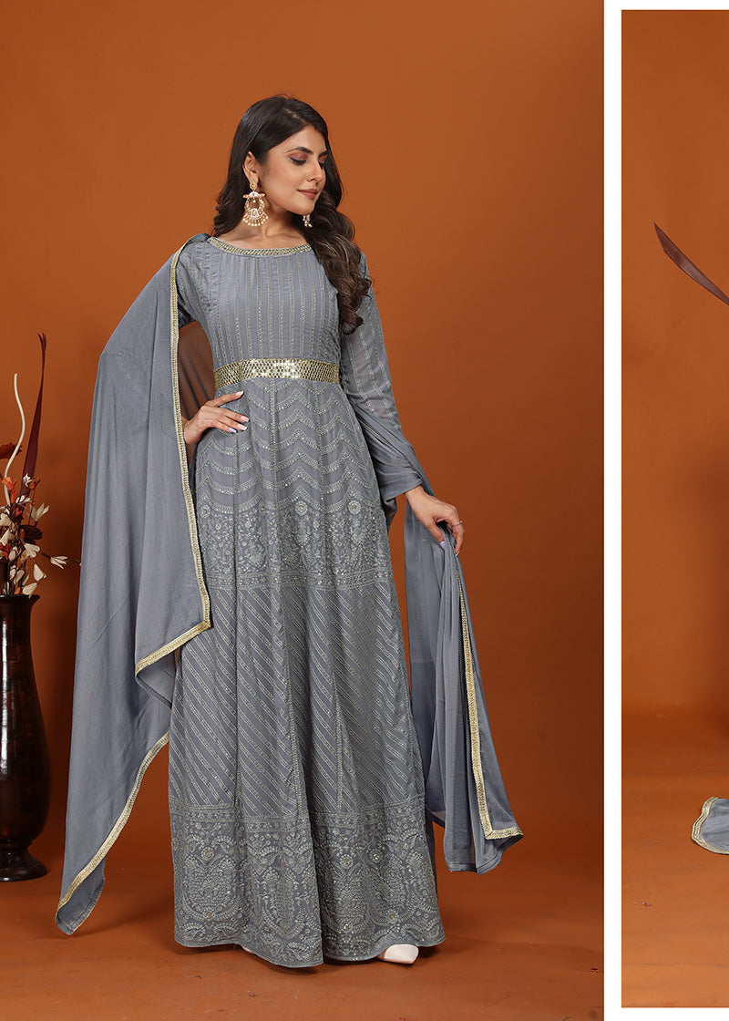 Monjolika Fashion Faux Georgette Embroidered Readymade Gown In Grey