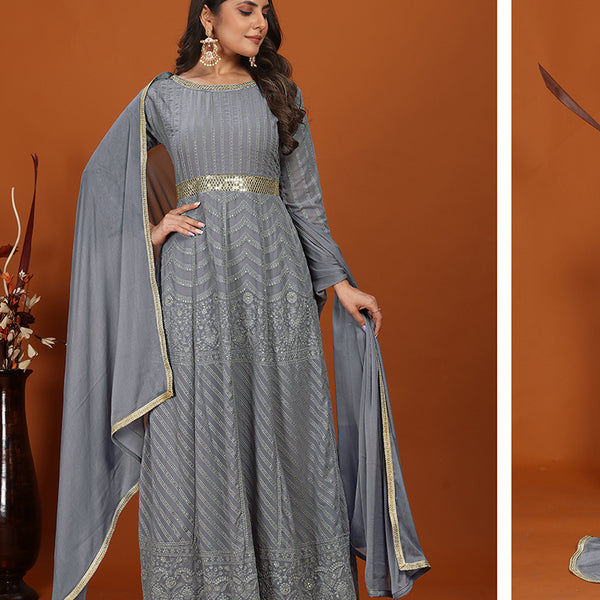 Monjolika Fashion Faux Georgette Embroidered Readymade Gown In Grey