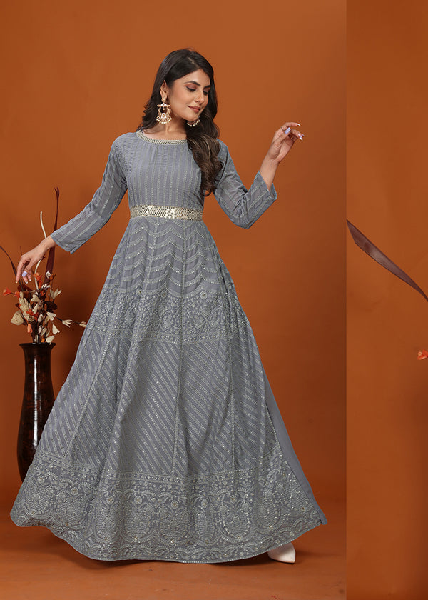 Monjolika Fashion Faux Georgette Embroidered Readymade Gown In Grey
