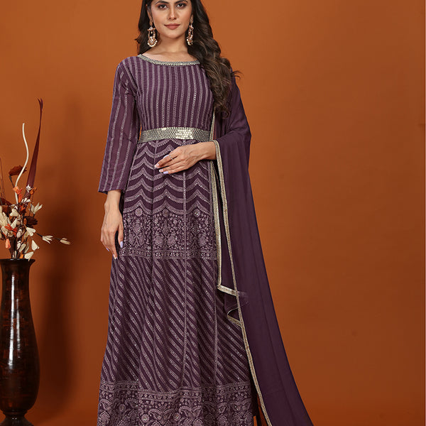 Monjolika Fashion Faux Georgette Embroidered Readymade Gown In Wine - Distacart