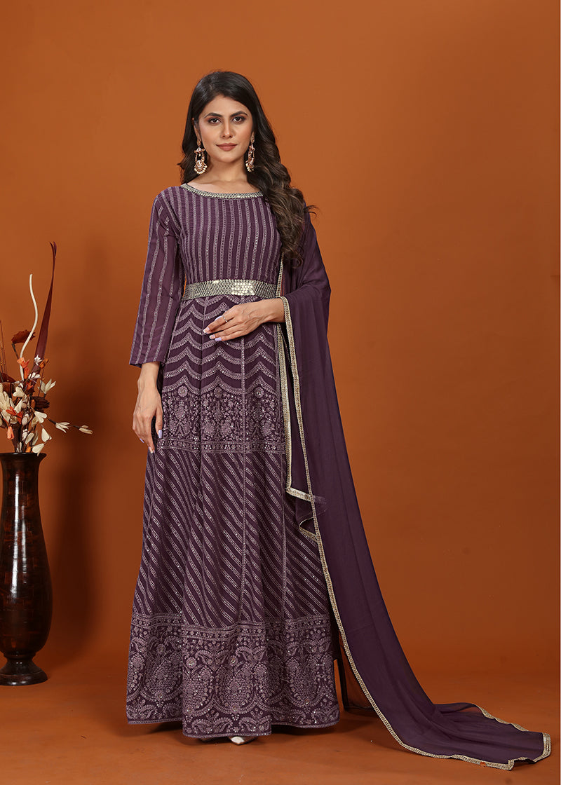 Monjolika Fashion Faux Georgette Embroidered Readymade Gown In Wine - Distacart