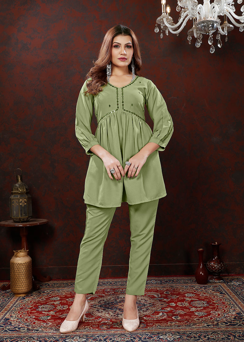 Monjolika Fashion Olive Maaza Cotton With Hand Work Trendy Co Ord Set