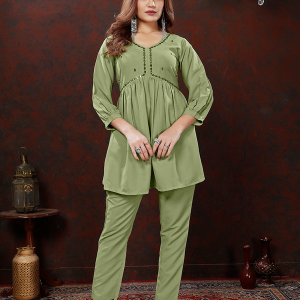 Monjolika Fashion Olive Maaza Cotton With Hand Work Trendy Co Ord Set - Distacart