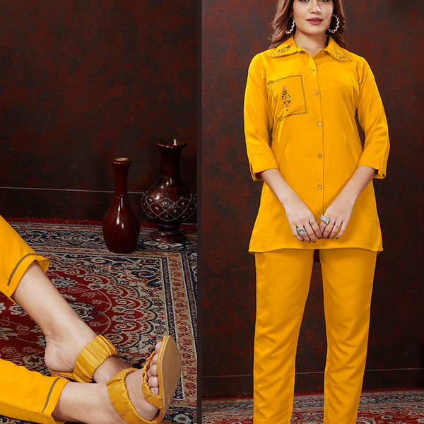 Monjolika Fashion Yellow Maaza Cotton With Hand Work Trendy Co Ord Set - Distacart
