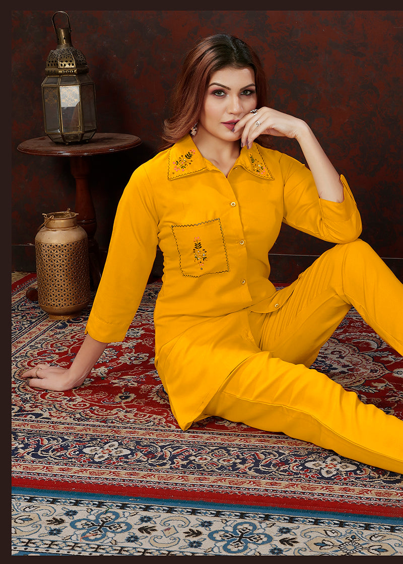 Monjolika Fashion Yellow Maaza Cotton With Hand Work Trendy Co Ord Set