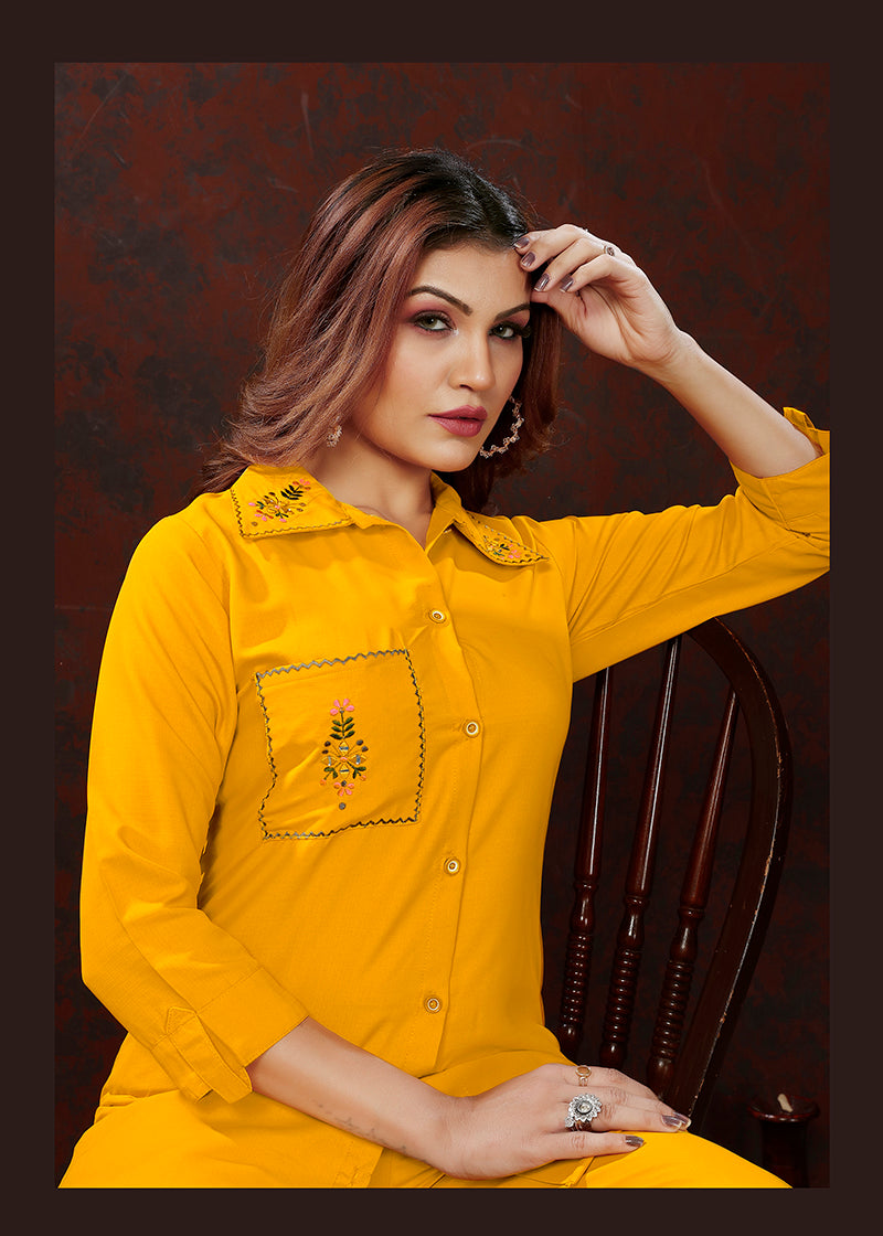 Monjolika Fashion Yellow Maaza Cotton With Hand Work Trendy Co Ord Set