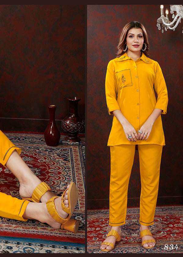 Monjolika Fashion Yellow Maaza Cotton With Hand Work Trendy Co Ord Set