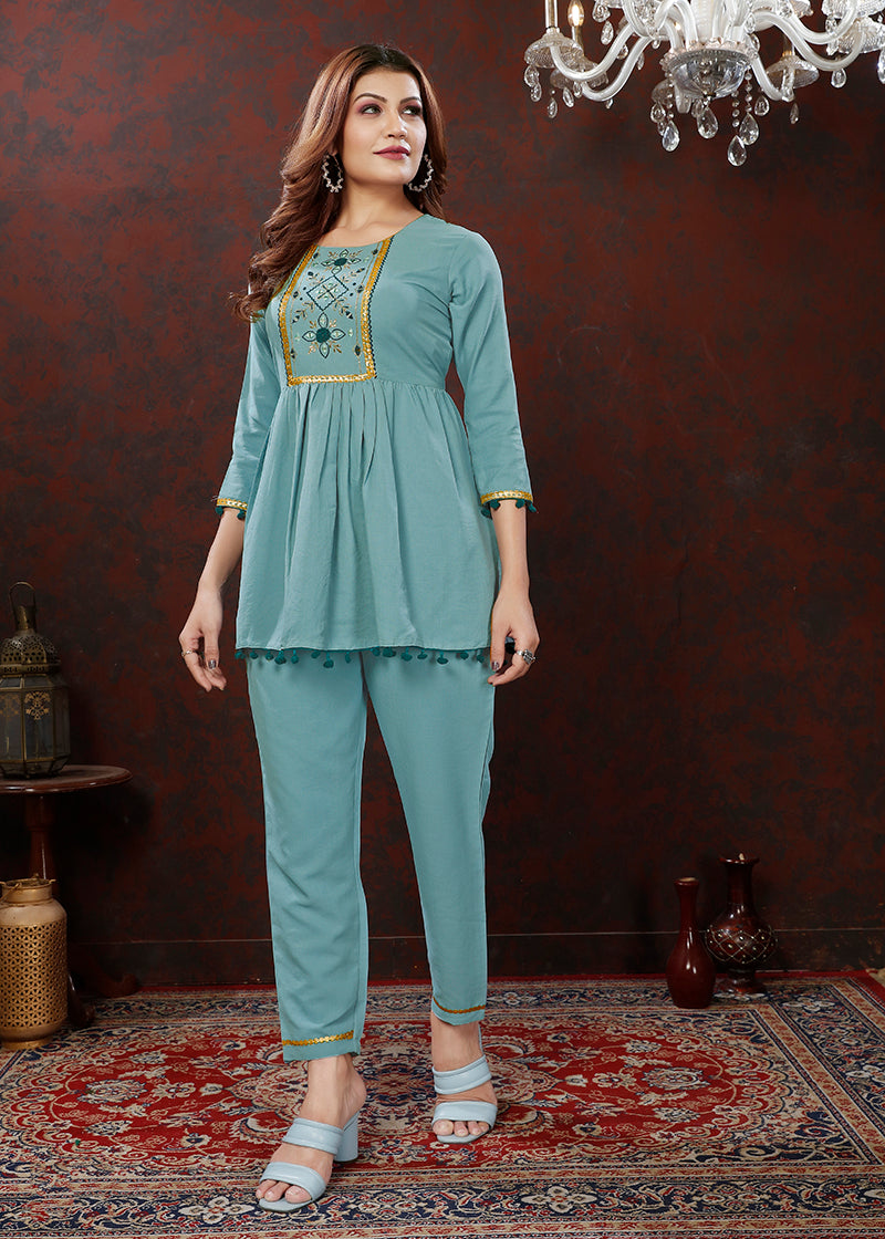 Monjolika Fashion Light Blue Maaza Cotton With Hand Work Trendy Co Ord Set