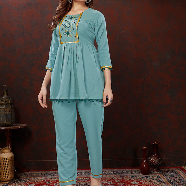 Monjolika Fashion Light Blue Maaza Cotton With Hand Work Trendy Co Ord Set - Distacart