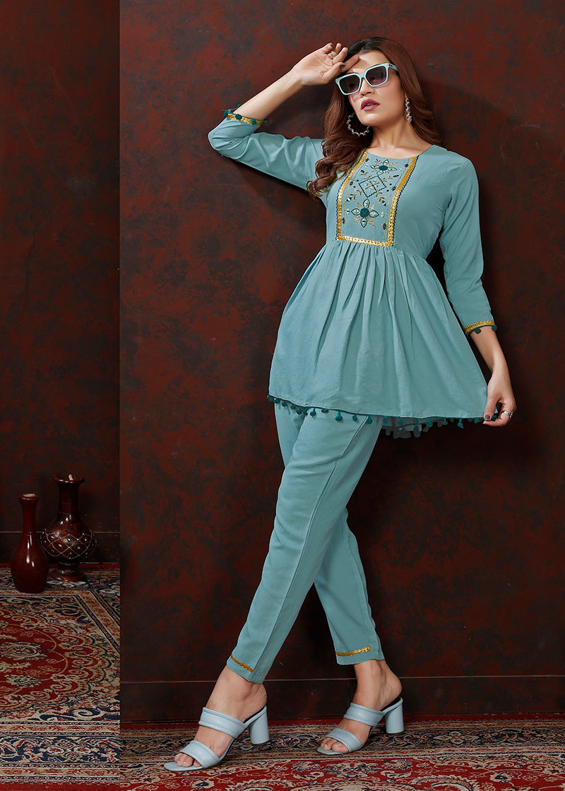 Monjolika Fashion Light Blue Maaza Cotton With Hand Work Trendy Co Ord Set
