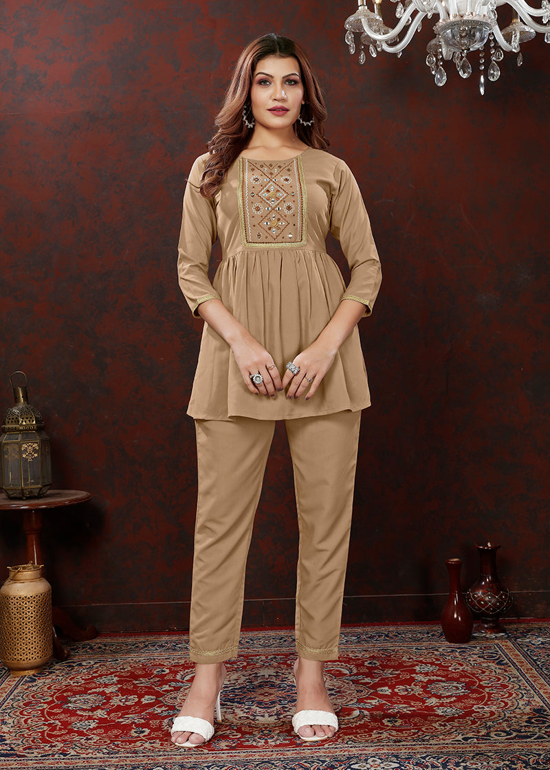 Monjolika Fashion Beige Maaza Cotton With Hand Work Trendy Co Ord Set