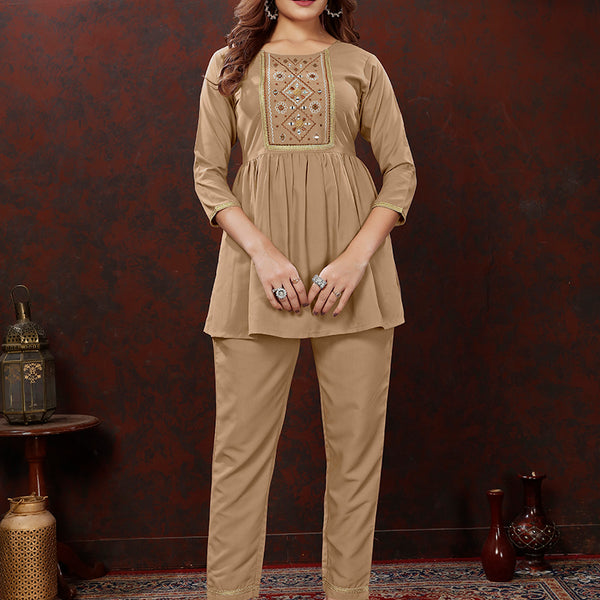 Monjolika Fashion Beige Maaza Cotton With Hand Work Trendy Co Ord Set - Distacart