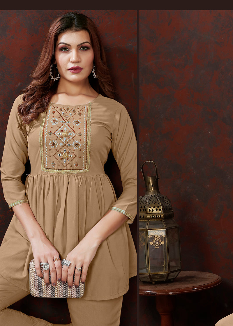 Monjolika Fashion Beige Maaza Cotton With Hand Work Trendy Co Ord Set
