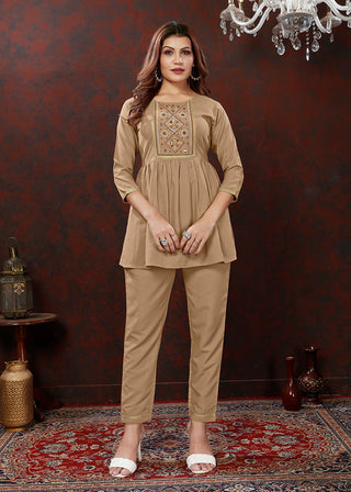 Monjolika Fashion Beige Maaza Cotton With Hand Work Trendy Co Ord Set