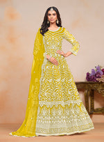 Thumbnail for Monjolika Fashion Yellow Color Embroidered Santoon Net Salwar Suit