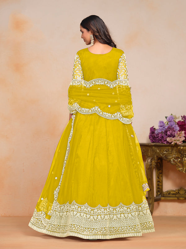 Monjolika Fashion Yellow Color Embroidered Santoon Net Salwar Suit