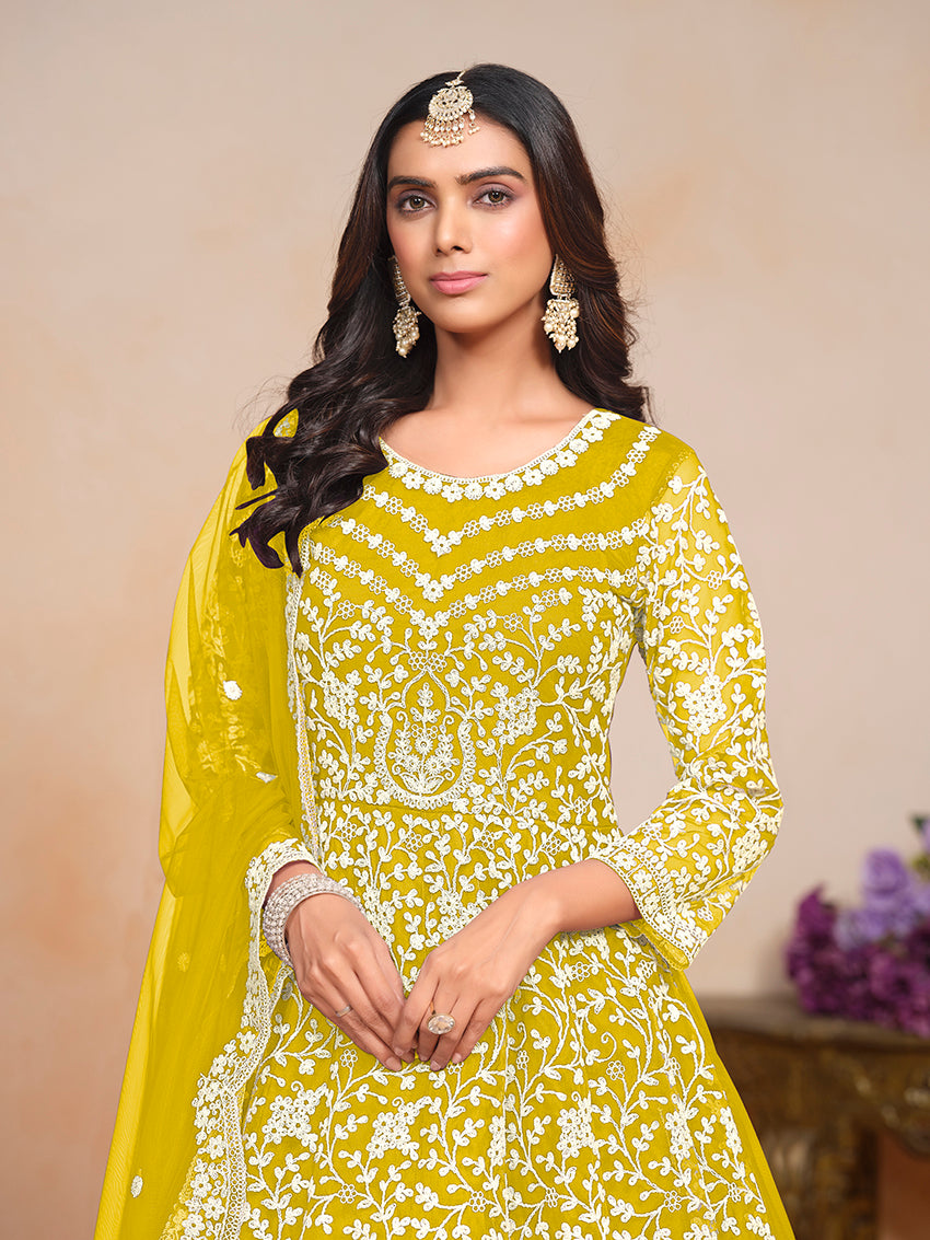 Monjolika Fashion Yellow Color Embroidered Santoon Net Salwar Suit