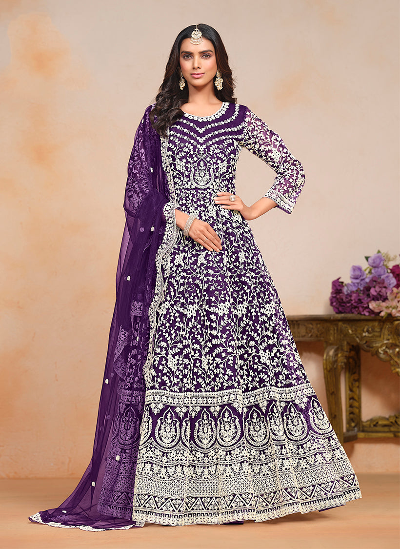 Monjolika Fashion Purple Color Embroidered Santoon Net Salwar Suit