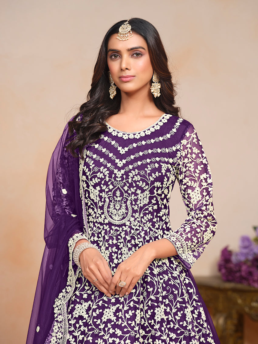 Monjolika Fashion Purple Color Embroidered Santoon Net Salwar Suit