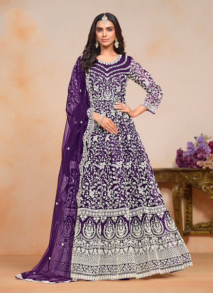 Monjolika Fashion Purple Color Embroidered Santoon Net Salwar Suit