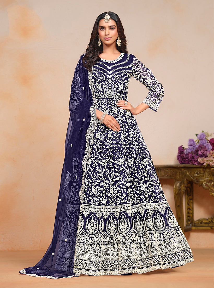 Monjolika Fashion Navy-Blue Color Embroidered Santoon Net Salwar Suit
