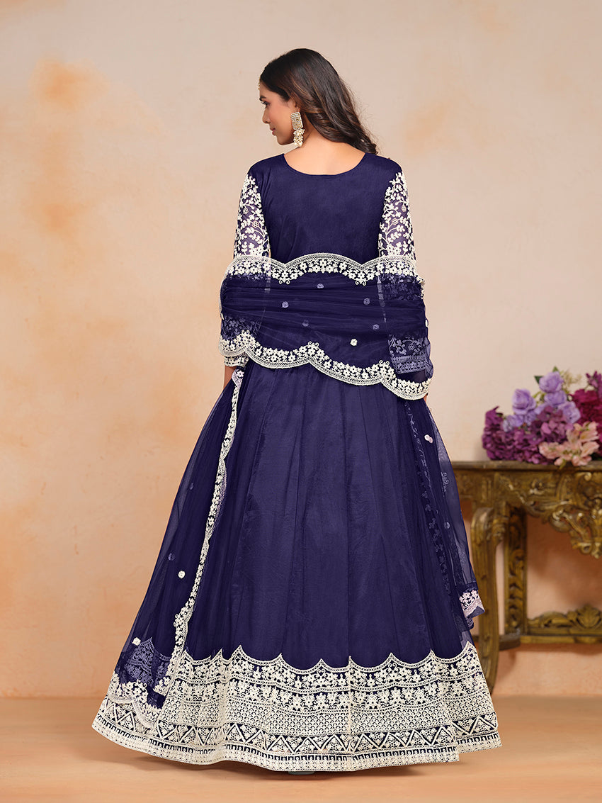 Monjolika Fashion Navy-Blue Color Embroidered Santoon Net Salwar Suit