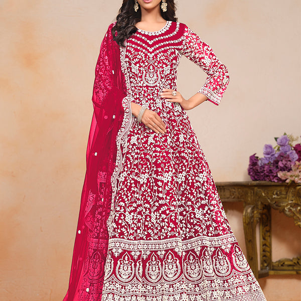 Monjolika Fashion Rani-Pink Color Embroidered Santoon Net Salwar Suit - Distacart