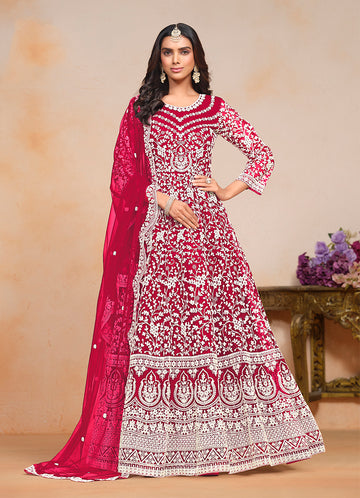 Monjolika Fashion Rani-Pink Color Embroidered Santoon Net Salwar Suit - Distacart