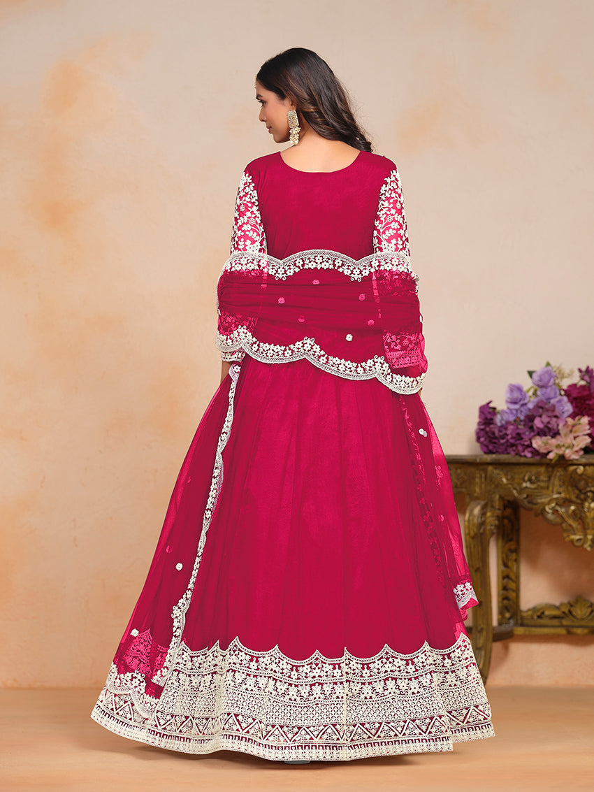 Monjolika Fashion Rani-Pink Color Embroidered Santoon Net Salwar Suit