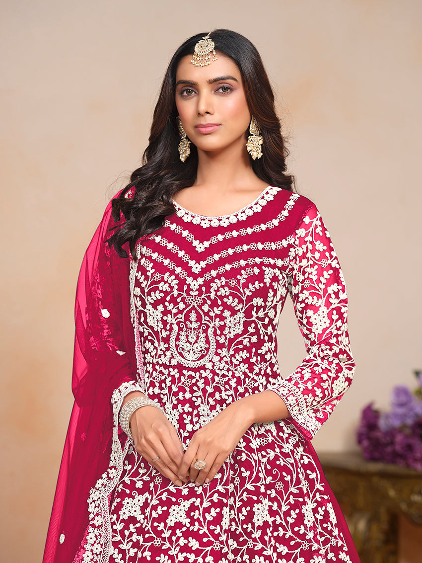 Monjolika Fashion Rani-Pink Color Embroidered Santoon Net Salwar Suit
