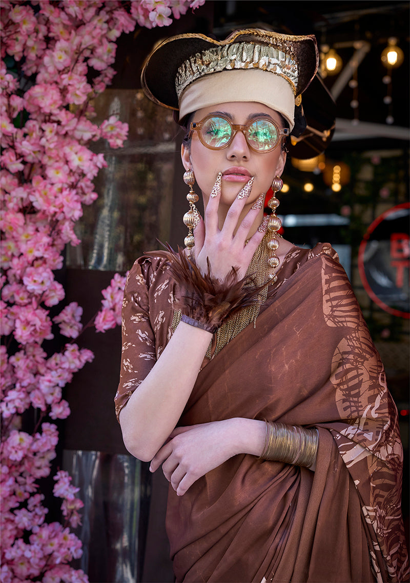 Monjolika Fashion Printed Satin Brown Colour Classic Saree