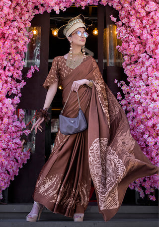 Monjolika Fashion Printed Satin Brown Colour Classic Saree