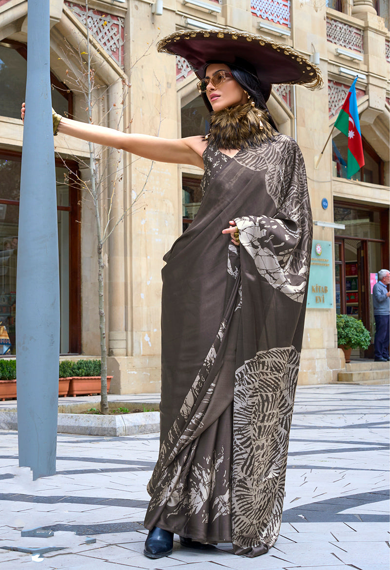 Monjolika Fashion Printed Satin Dark Grey Colour Classic Saree
