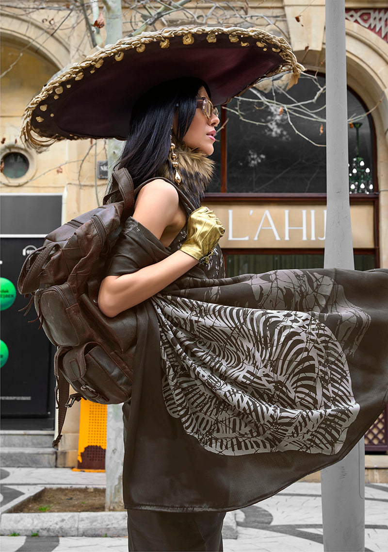 Monjolika Fashion Printed Satin Dark Grey Colour Classic Saree